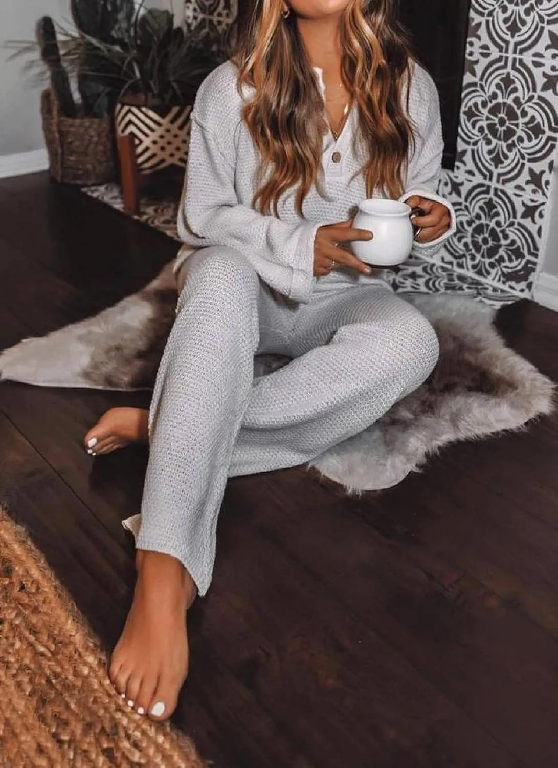 Women's Light Slate Grey Waffle Two Piece Set V Neck Long Sleeve Top and Straight Leg Pants Soft Textured Loungewear Outfit