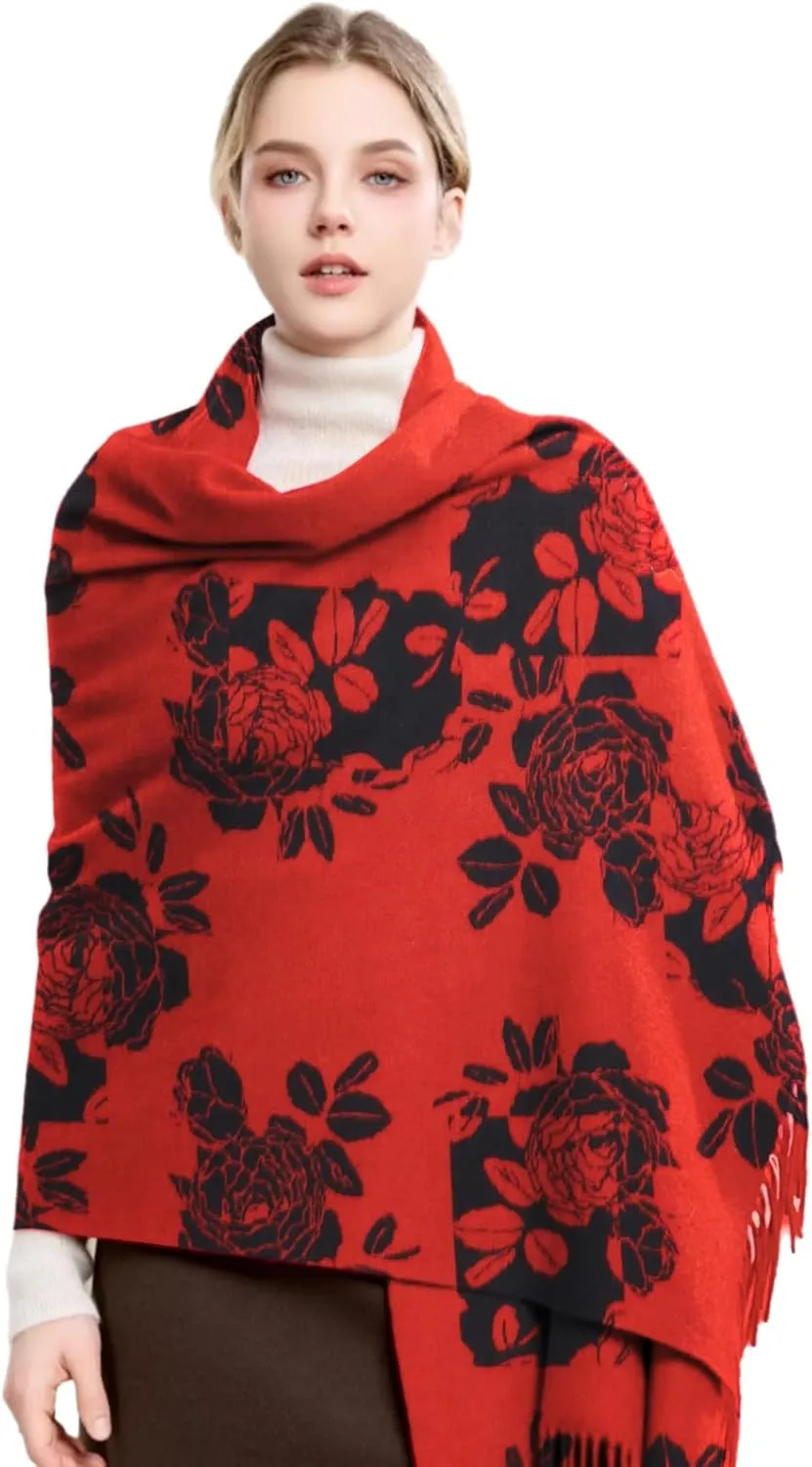 Womens Pashmina Shawl and Wraps, Red Roses Shawl Wraps for Women, Soft Cashmere Scarf, Shawls Scarves for Evening Dresses