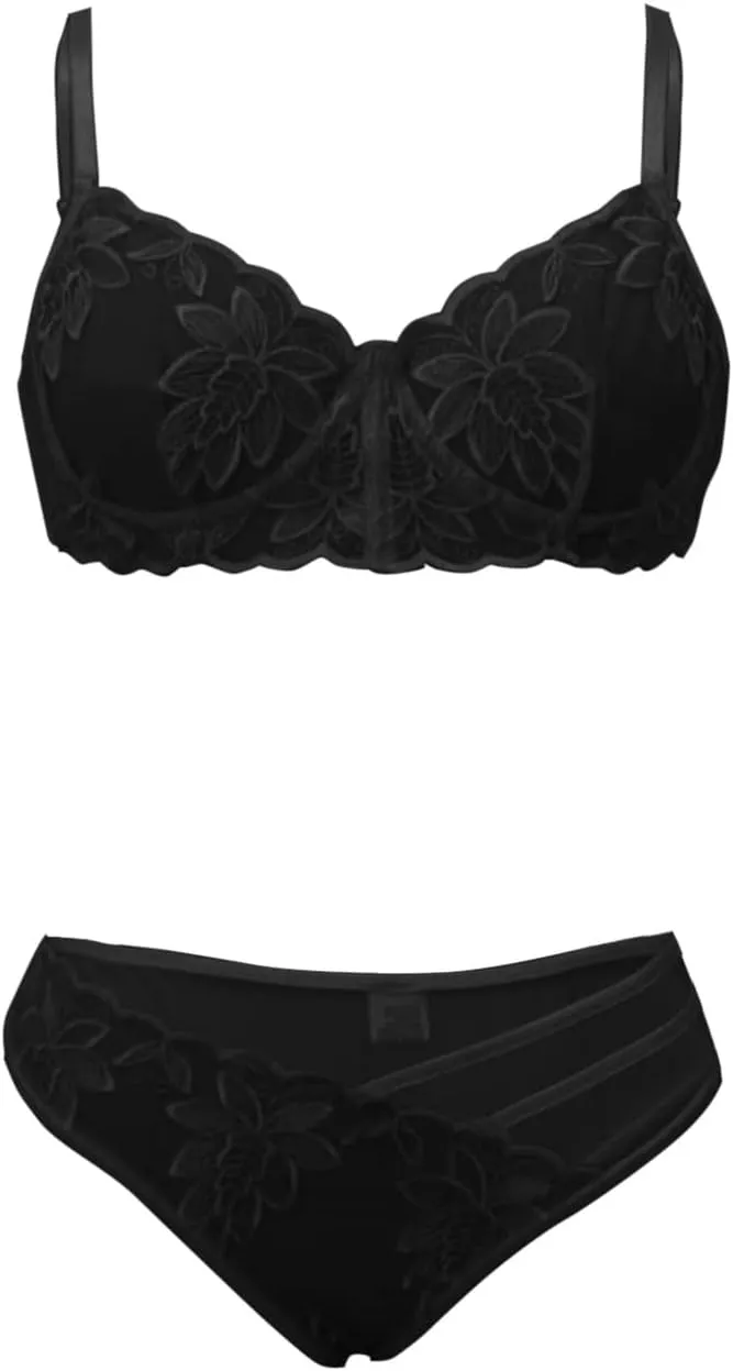 Women's Sexy Floral Lace Bra and Panty Sets Scalloped Spaghetti Strap Deep V Neck Lingerie Sets See Through Underwear