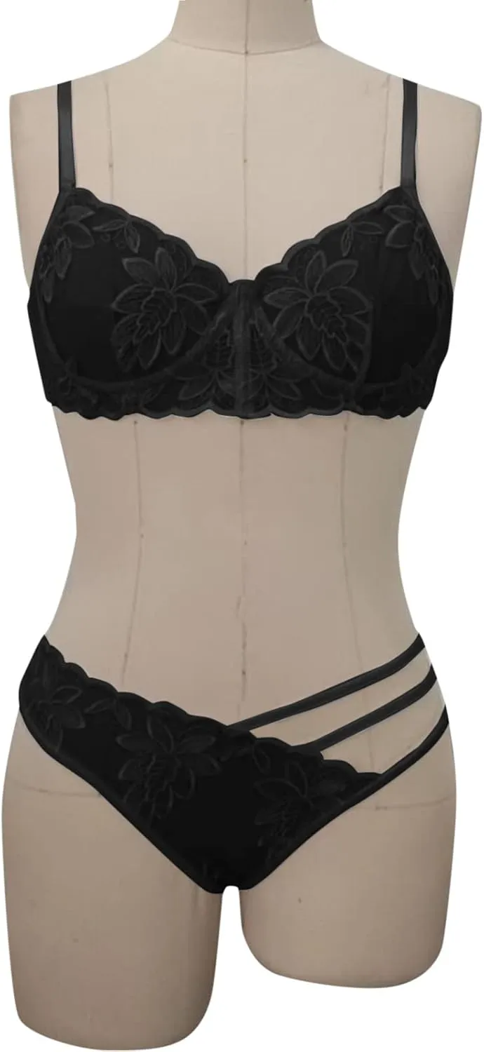Women's Sexy Floral Lace Bra and Panty Sets Scalloped Spaghetti Strap Deep V Neck Lingerie Sets See Through Underwear