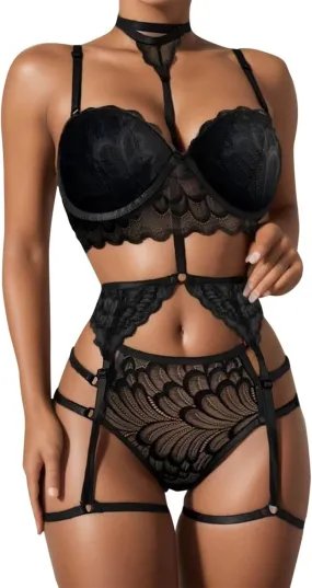 Women's Sexy Sleepwear Set Floral Lace Adjustable Bralette with Garter Belts Thong Fashion Lightweight Love Lingerie
