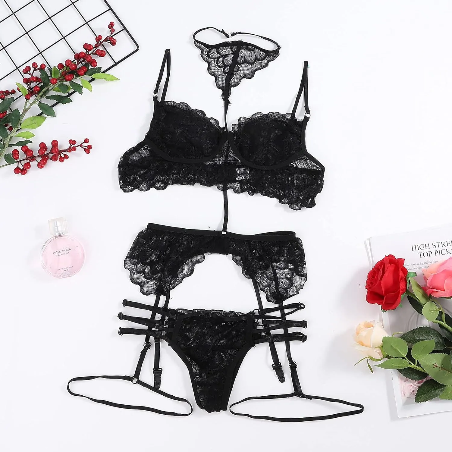 Women's Sexy Sleepwear Set Floral Lace Adjustable Bralette with Garter Belts Thong Fashion Lightweight Love Lingerie