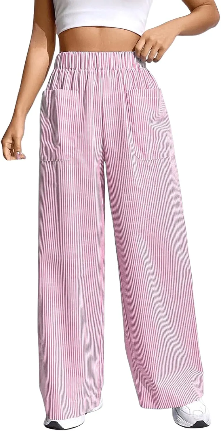 Womens Striped Gingham Boxer Pants Wide Leg Elastic Waist Lounge Pj Y2K Beach Bottoms Trousers with Pockets