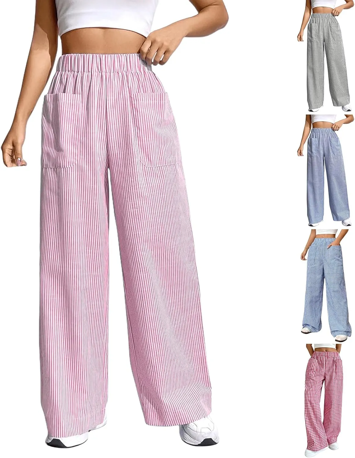 Womens Striped Gingham Boxer Pants Wide Leg Elastic Waist Lounge Pj Y2K Beach Bottoms Trousers with Pockets