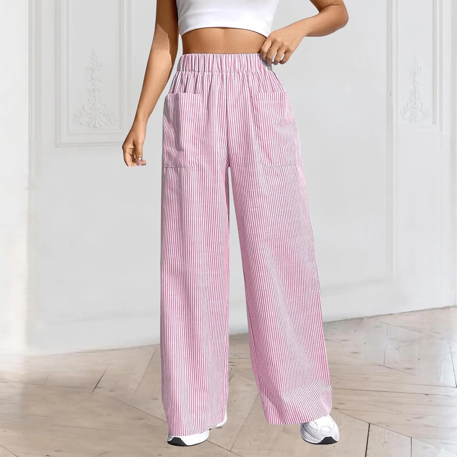 Womens Striped Gingham Boxer Pants Wide Leg Elastic Waist Lounge Pj Y2K Beach Bottoms Trousers with Pockets