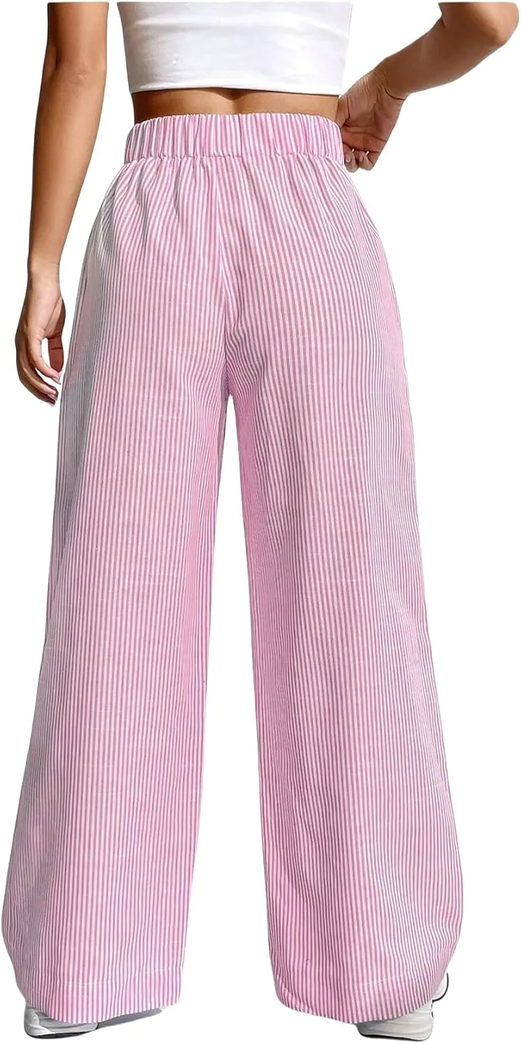 Womens Striped Gingham Boxer Pants Wide Leg Elastic Waist Lounge Pj Y2K Beach Bottoms Trousers with Pockets