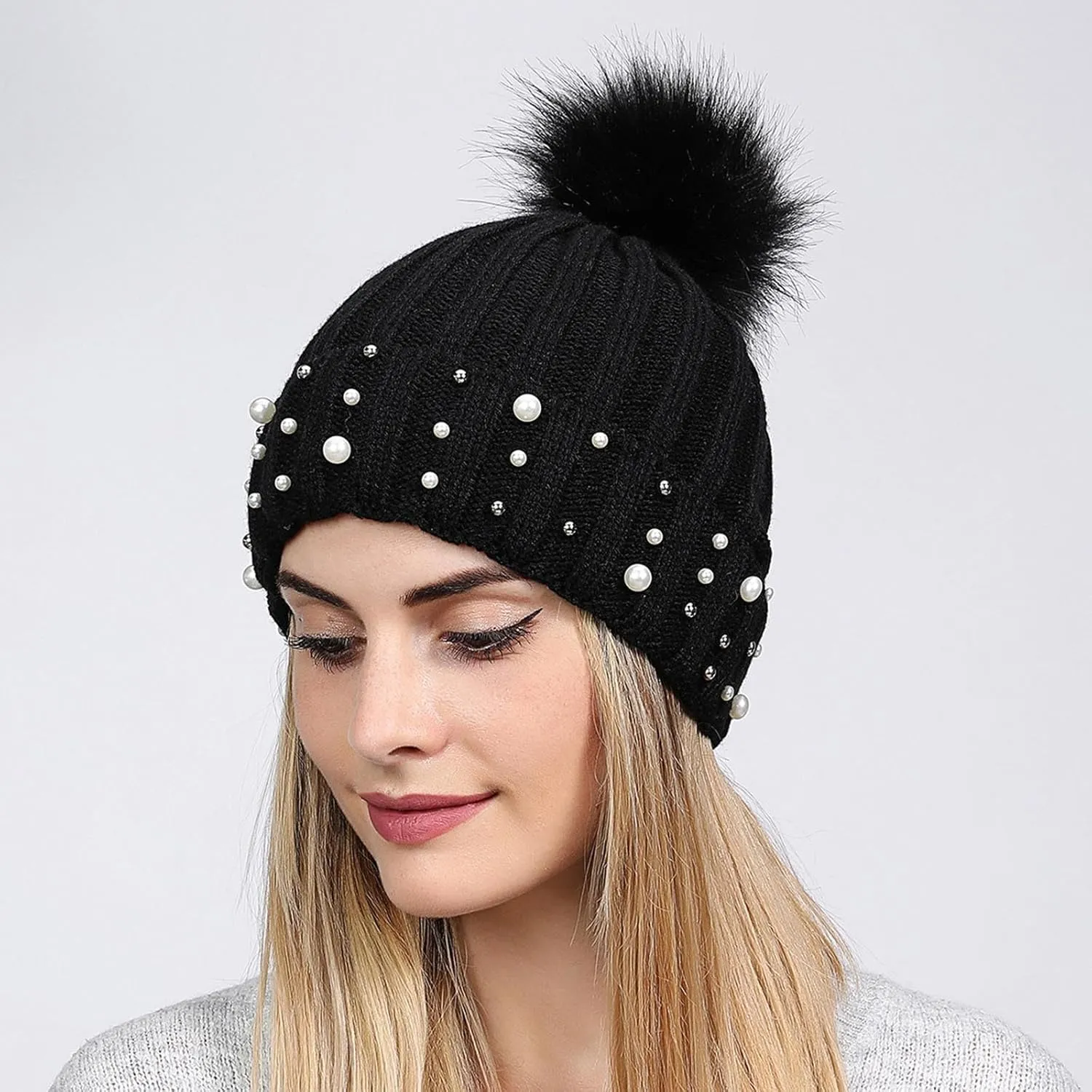 Womens Winter Beanie Hat with Pom Knit Skull Cable Cap Beanie Fashion Pearls Beanies Cap Baggy Warm Hats