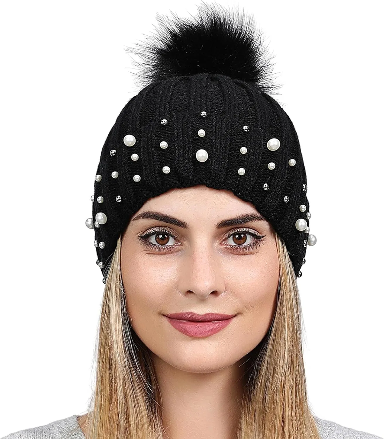 Womens Winter Beanie Hat with Pom Knit Skull Cable Cap Beanie Fashion Pearls Beanies Cap Baggy Warm Hats