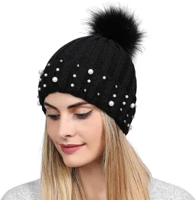 Womens Winter Beanie Hat with Pom Knit Skull Cable Cap Beanie Fashion Pearls Beanies Cap Baggy Warm Hats