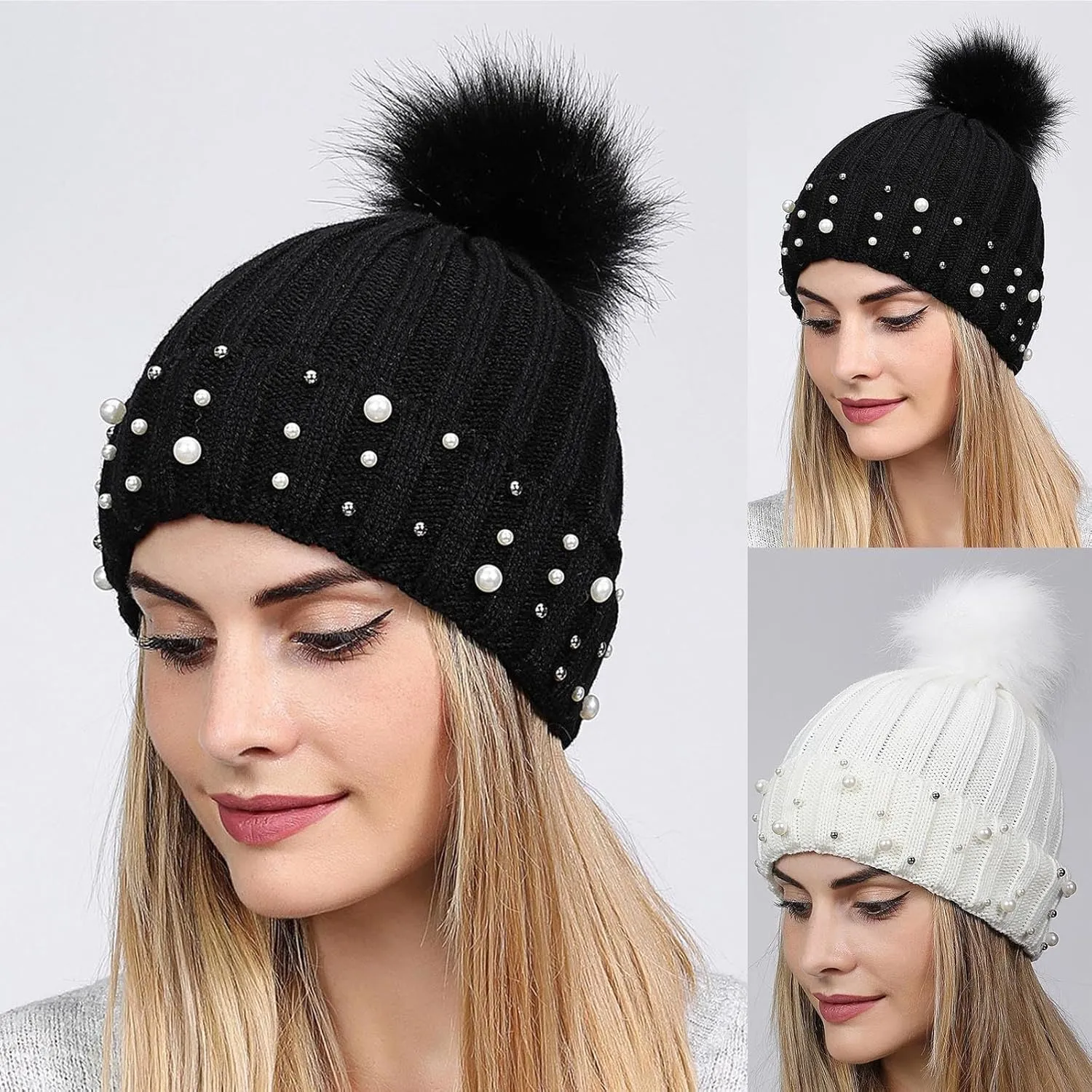 Womens Winter Beanie Hat with Pom Knit Skull Cable Cap Beanie Fashion Pearls Beanies Cap Baggy Warm Hats