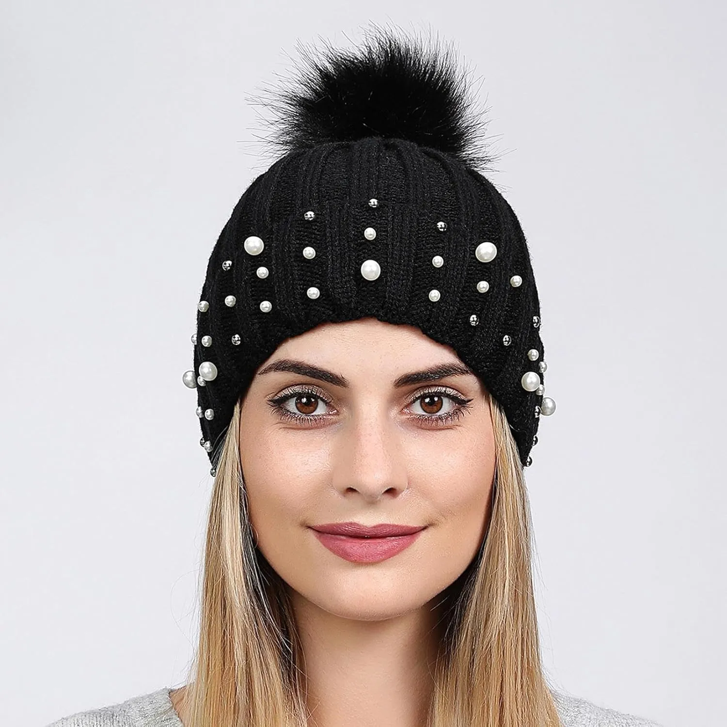 Womens Winter Beanie Hat with Pom Knit Skull Cable Cap Beanie Fashion Pearls Beanies Cap Baggy Warm Hats