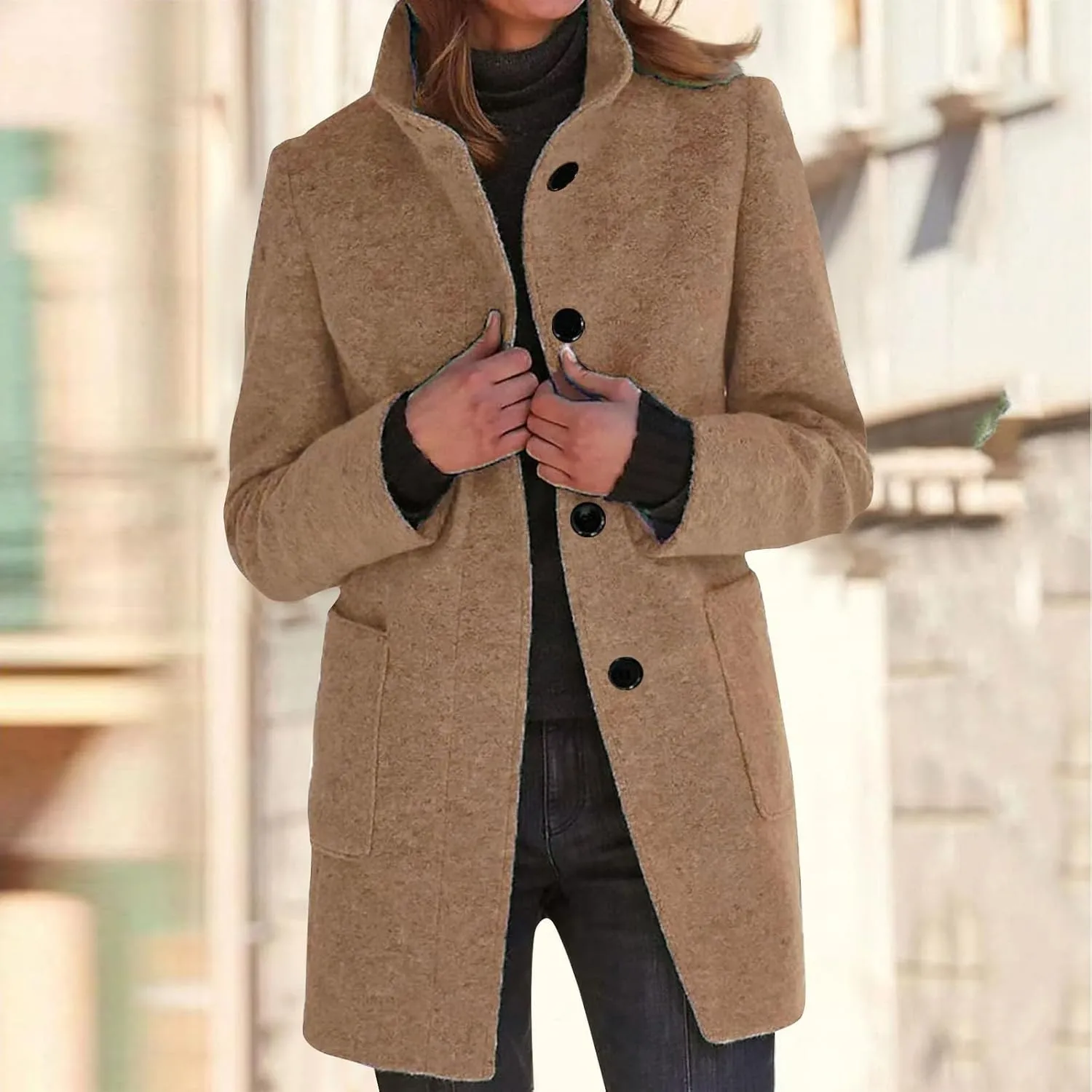 Wool Coats for Women 2024 Plus Size Casual Thicken Stand Collar Single Breasted Winter Jackets with Pockets Fashion