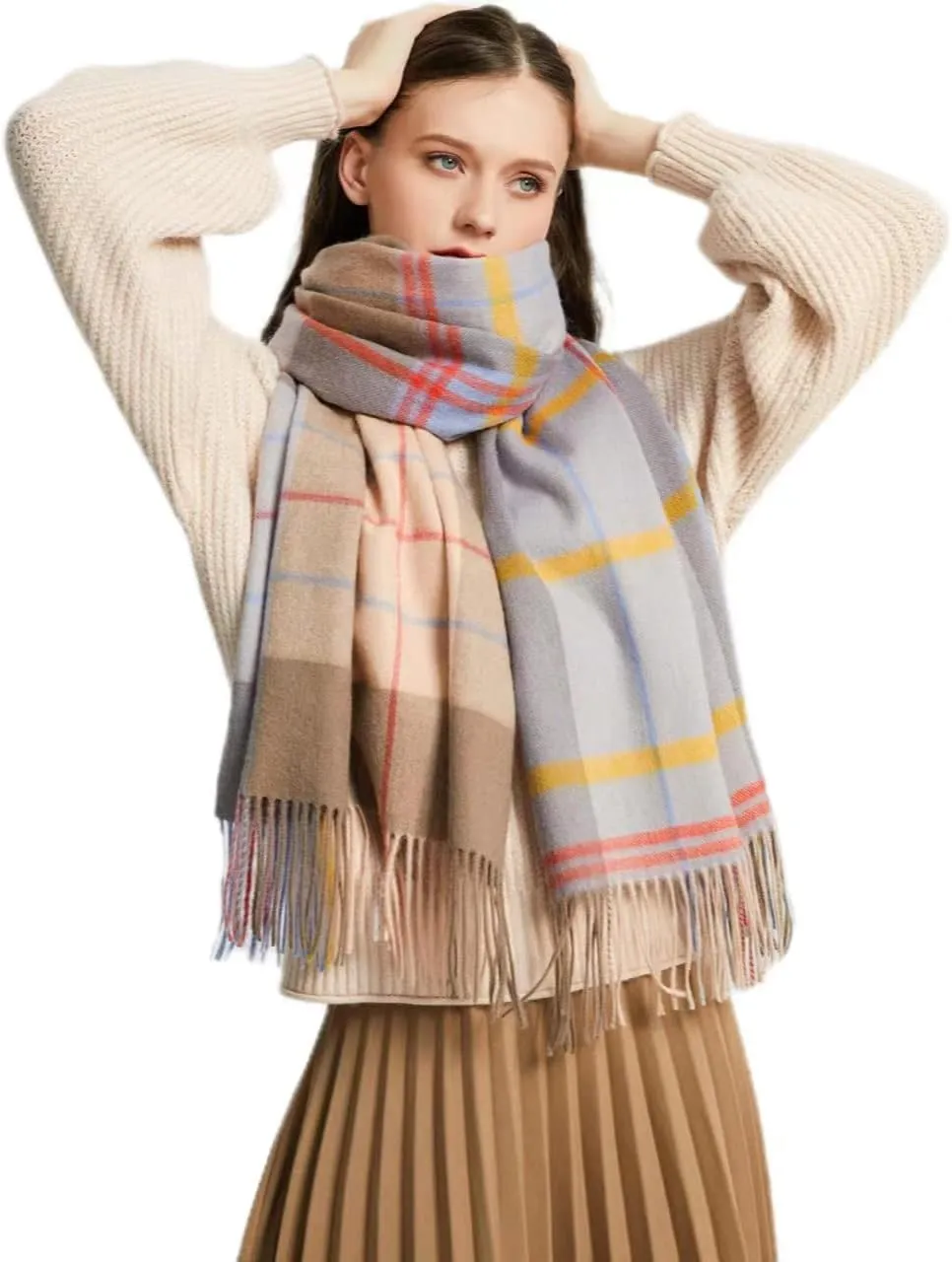 Wool Scarf For Women, Scottish Grid Pashmina Scarf,Women's Fashion Long Shawl, Winter Warm Lattice Large Scarf